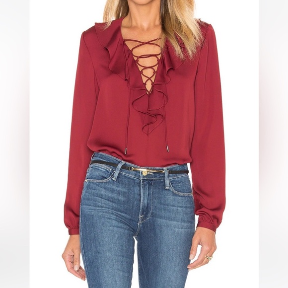 L’Academie The Ruffle Boho Blouse Crimson Lace up Tie Front Satin Burgundy - Picture 1 of 13